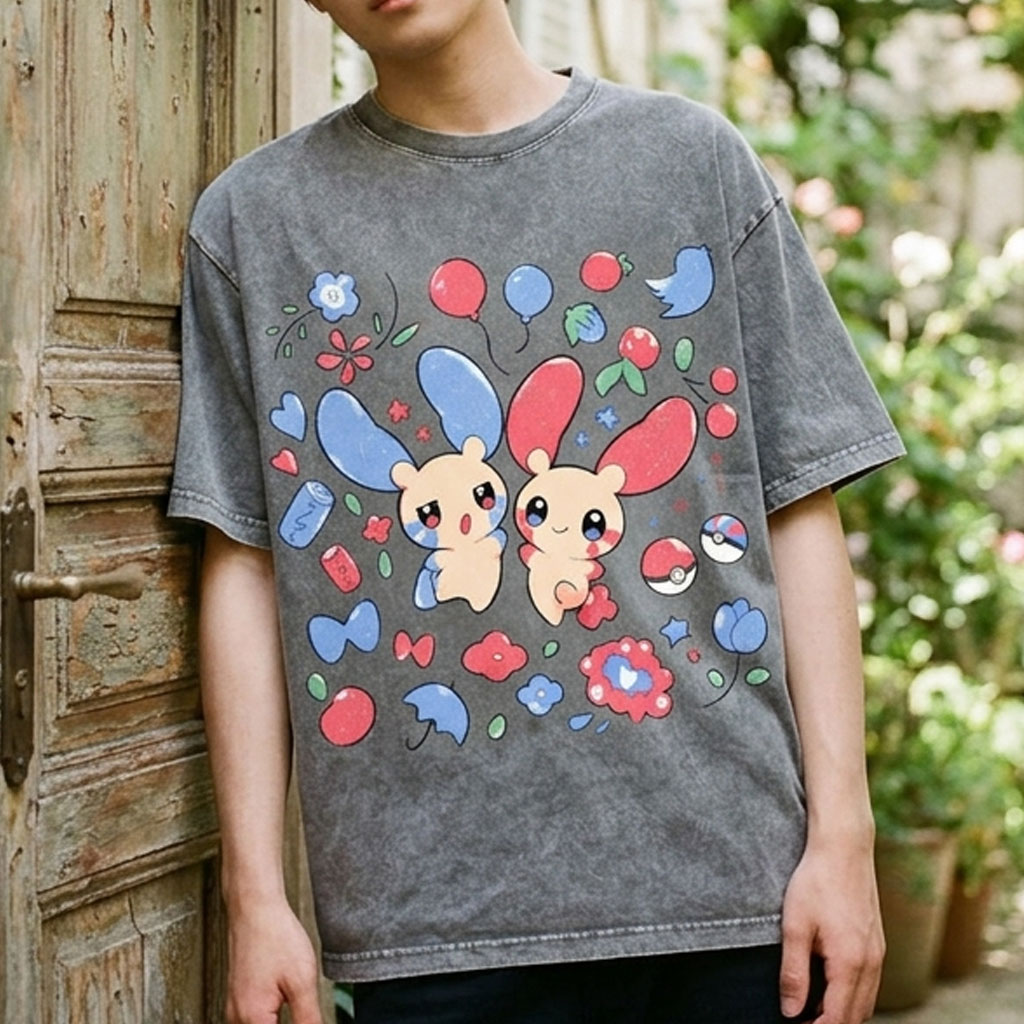 Pokémon Plusle And Minions Unisex Vintage Washed Tee