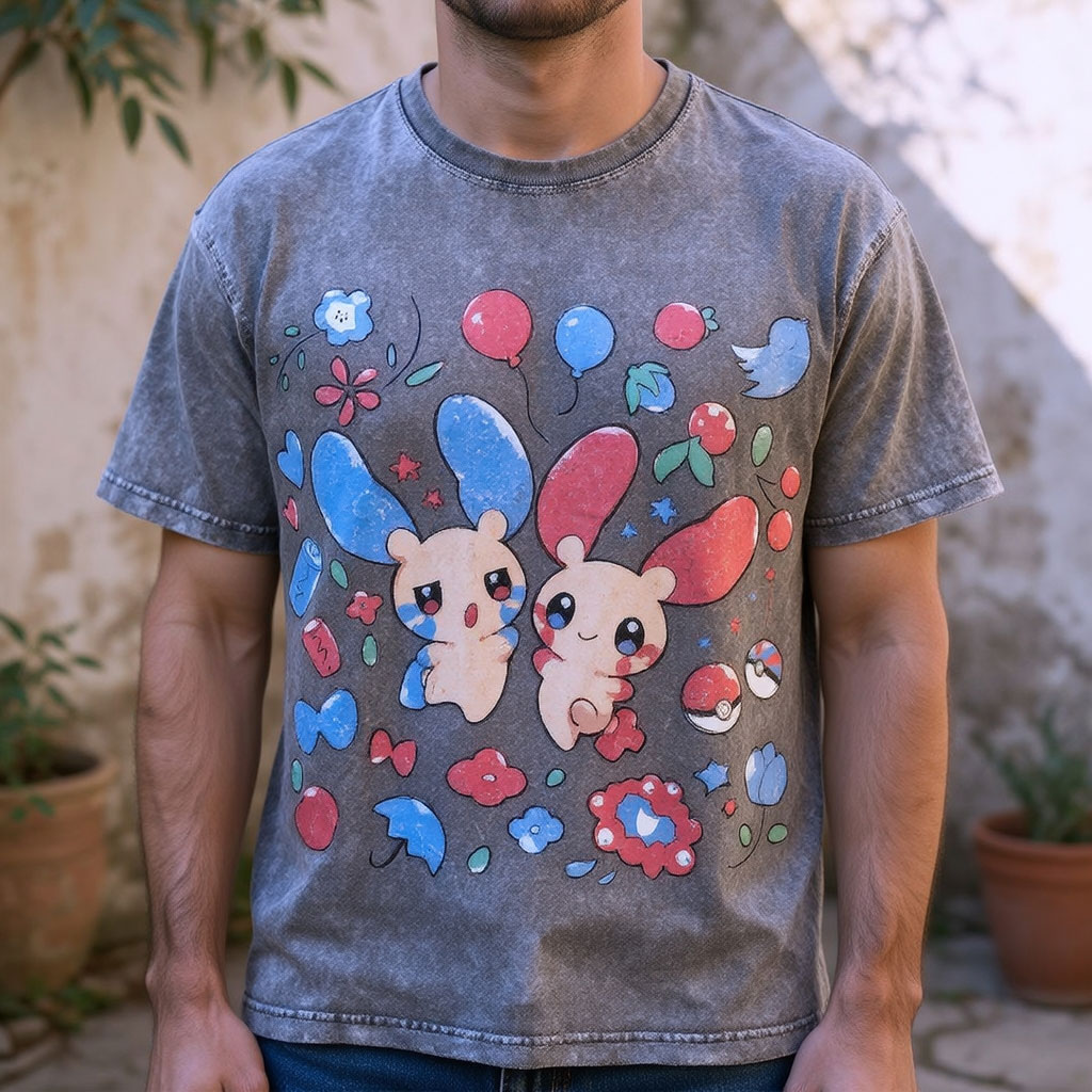 Pokémon Plusle And Minions Unisex Vintage Washed Tee