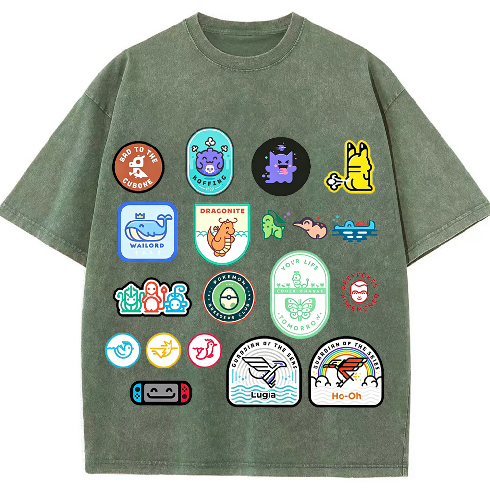 Multi Pokemon Patch Stickers Cartoon Tee | Pokemon Anime