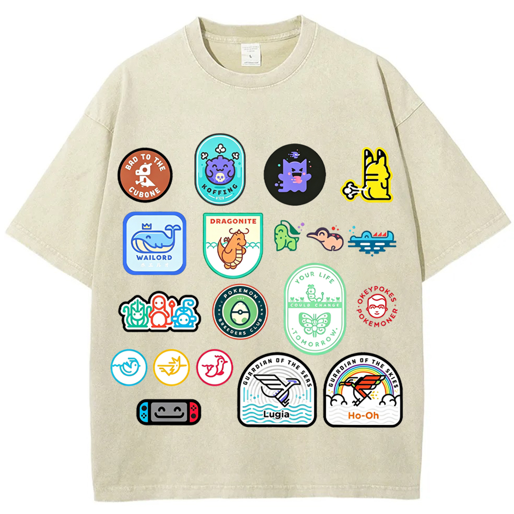 Multi Pokemon Patch Stickers Cartoon Tee | Pokemon Anime