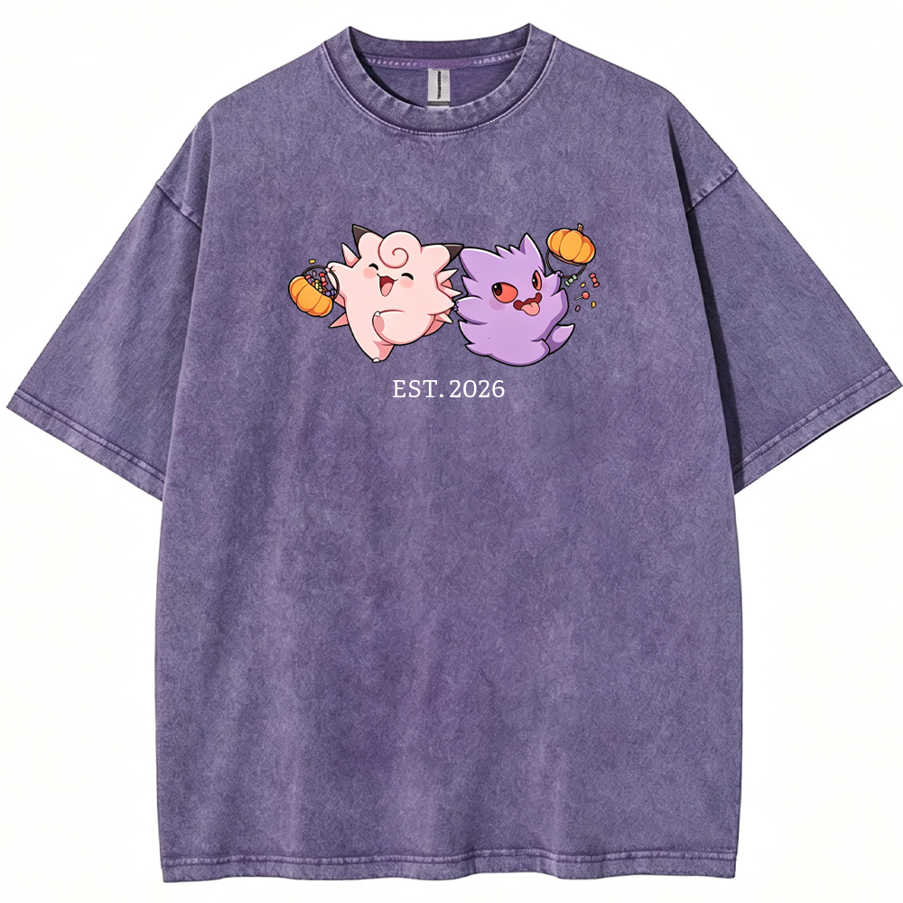 Cute Couple Tone Clefairy Gengar Halloween Pumpkin Vintage Washed T-Shirt