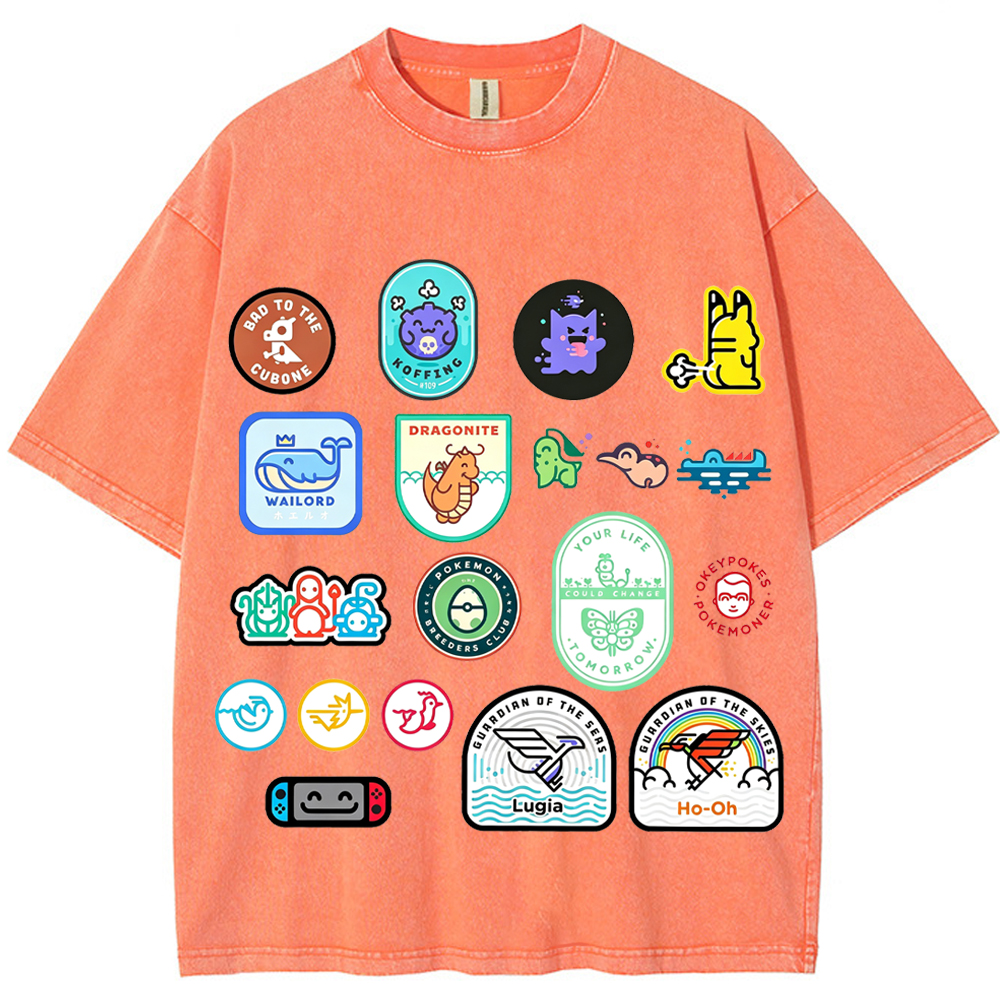 Multi Pokemon Patch Stickers Cartoon Tee | Pokemon Anime