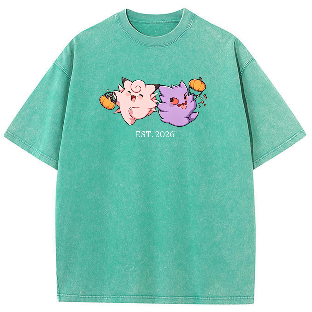 Cute Couple Tone Clefairy Gengar Halloween Pumpkin Vintage Washed T-Shirt