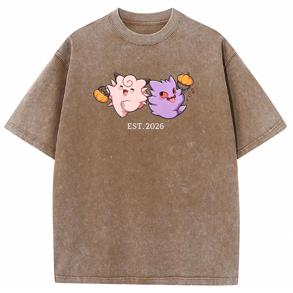 Cute Couple Tone Clefairy Gengar Halloween Pumpkin Vintage Washed T-Shirt
