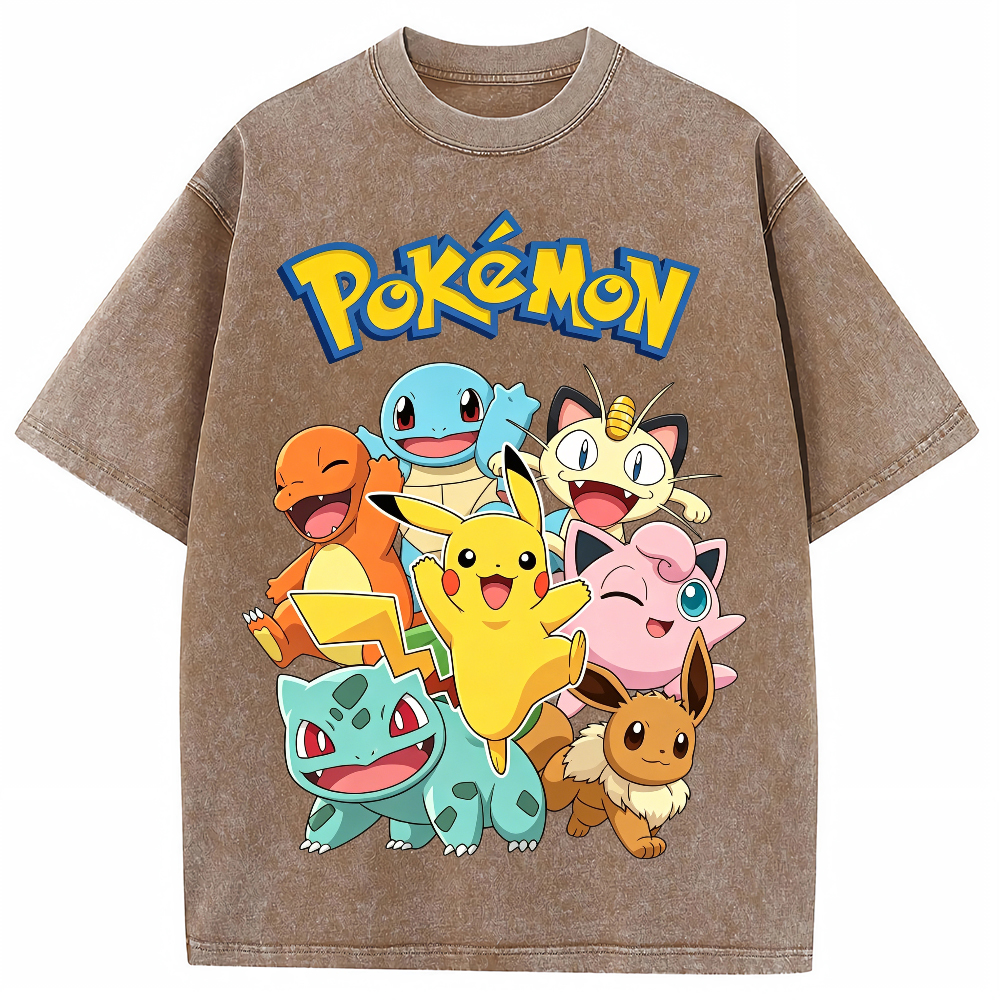 Vintage Washed Black Pokemon Group Graphic Tee | Retro Anime Oversized T-Shirt