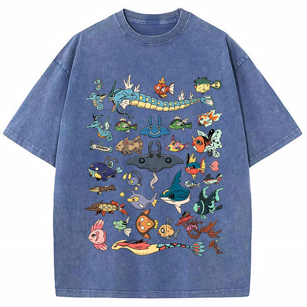 Fish Water Pokemon Retro Collage Vintage Washed T-Shirt | Pokemon Anime