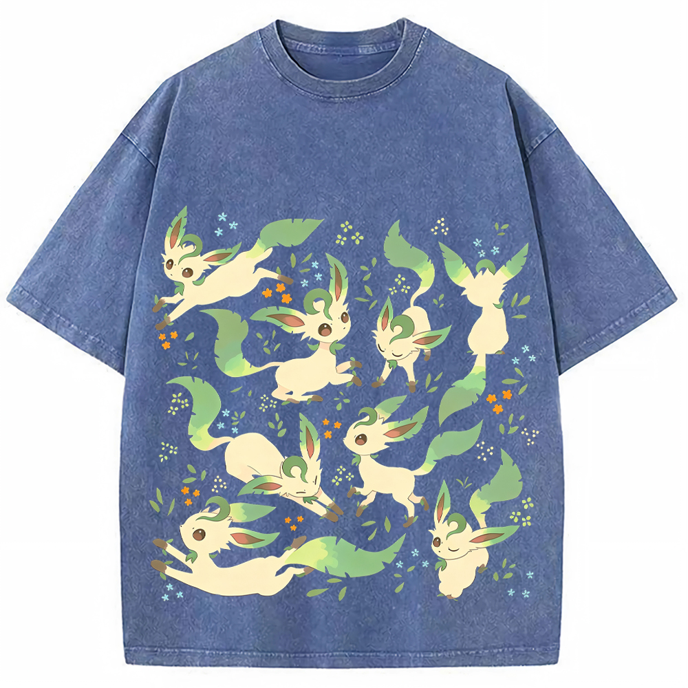 Leafeon Multiple Poses Floral Cartoon Tee | Pokemon Anime