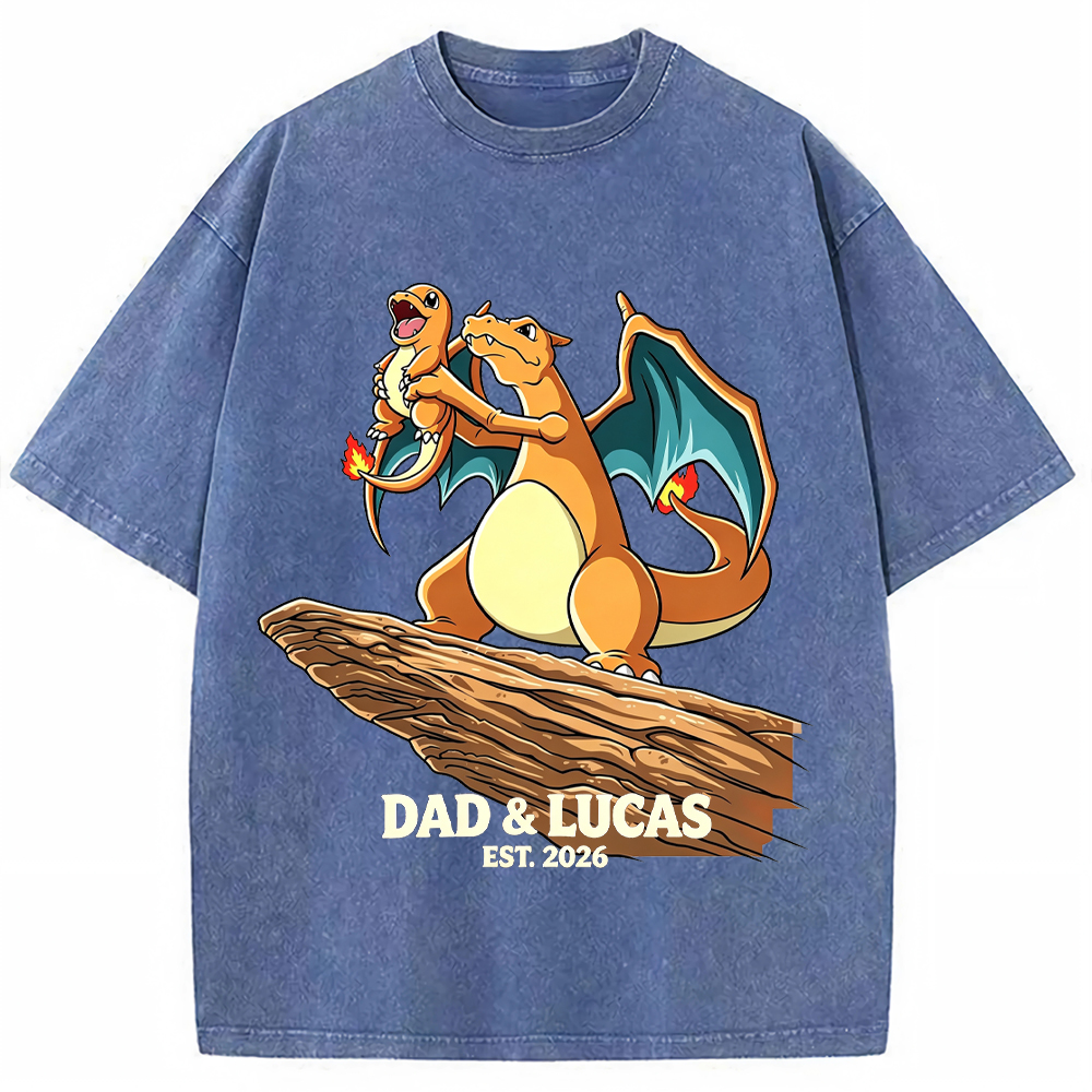 Parent & Kid Hold Up Charmander Family Art Vintage Washed T-Shirt
