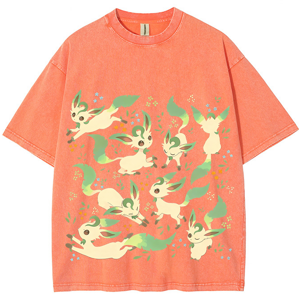 Leafeon Multiple Poses Floral Cartoon Tee | Pokemon Anime