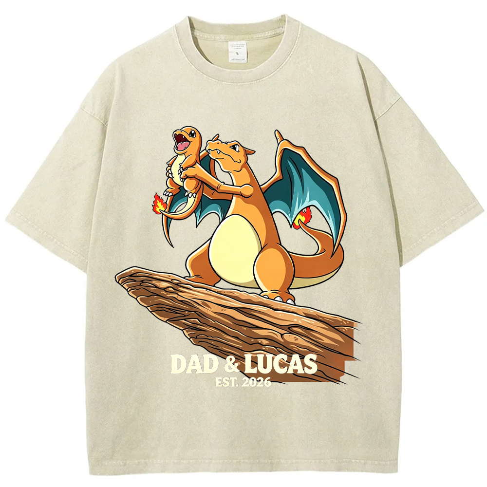 Parent & Kid Hold Up Charmander Family Art Vintage Washed T-Shirt