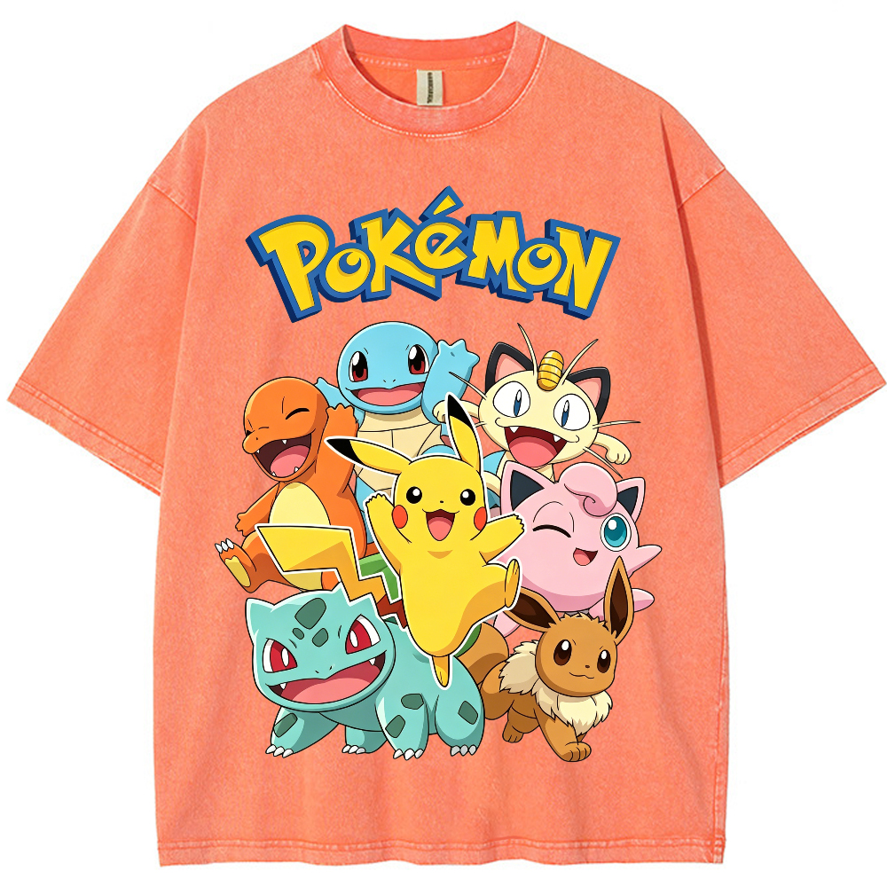 Vintage Washed Black Pokemon Group Graphic Tee | Retro Anime Oversized T-Shirt