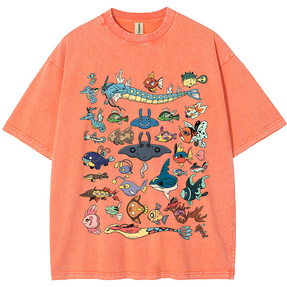Fish Water Pokemon Retro Collage Vintage Washed T-Shirt | Pokemon Anime
