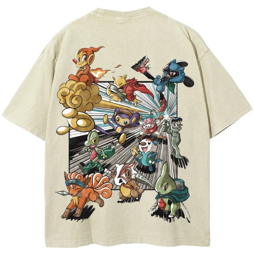 Squad Battle Pokemon Crew Front Back Dual Print Action Group Cartoon Tee