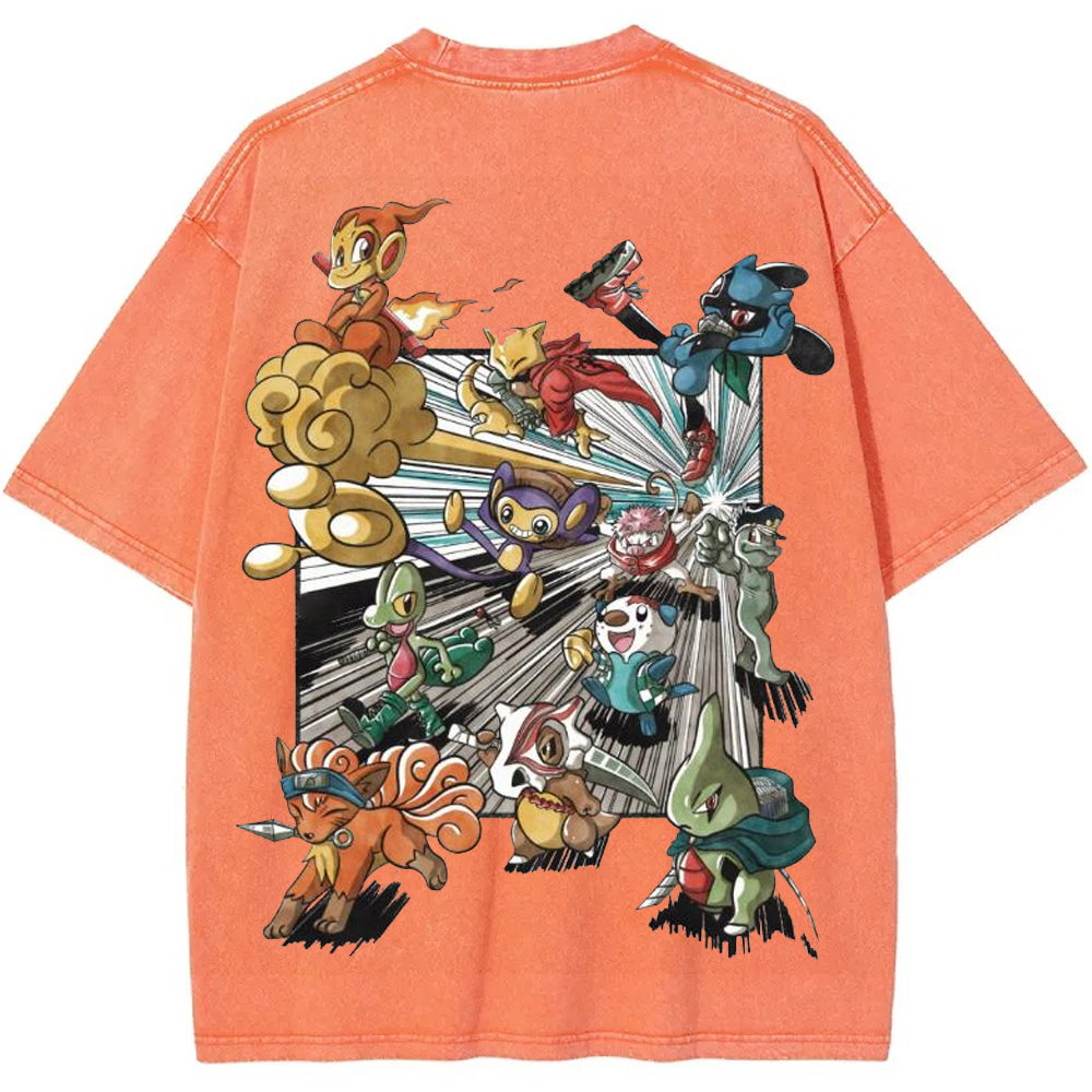Squad Battle Pokemon Crew Front Back Dual Print Action Group Cartoon Tee
