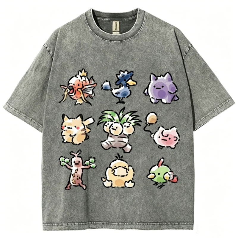 Cute Chibi Pokemon Unisex Vintage Washed Tee