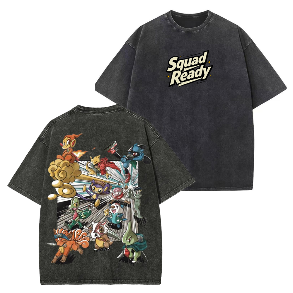 Squad Battle Pokemon Crew Front Back Dual Print Action Group Cartoon Tee