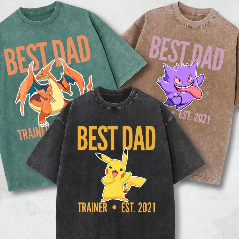 Custom Pokemon Dad Print Tee with Kids Names