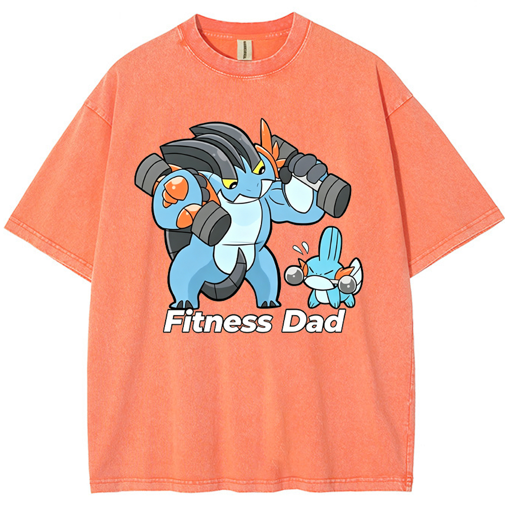 Fitness Dad Marshtomp Mudkip Gym Cartoon Vintage Washed T-Shirt