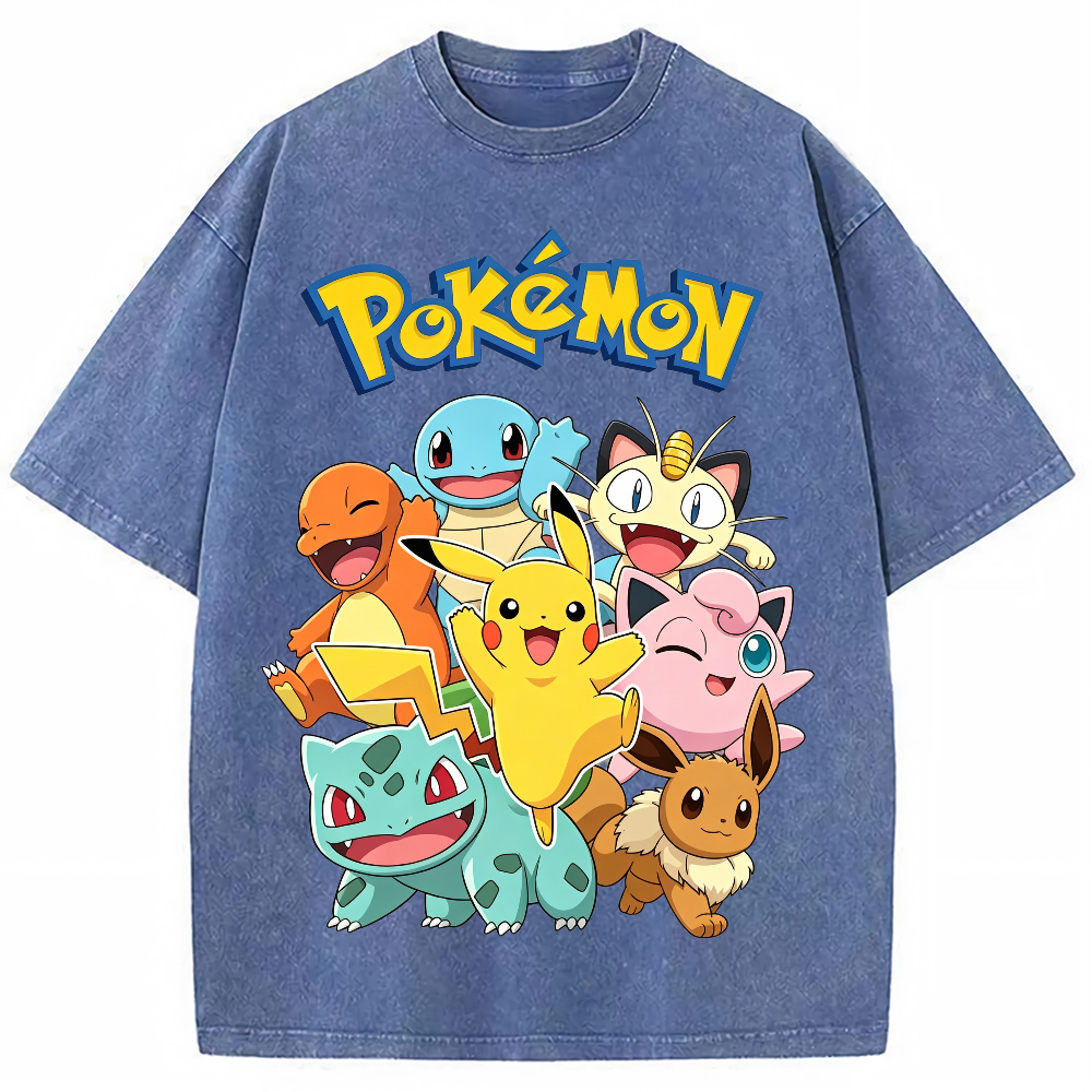 Vintage Washed Black Pokemon Group Graphic Tee | Retro Anime Oversized T-Shirt