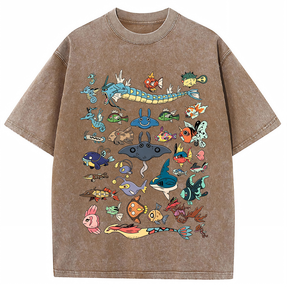 Fish Water Pokemon Retro Collage Vintage Washed T-Shirt | Pokemon Anime