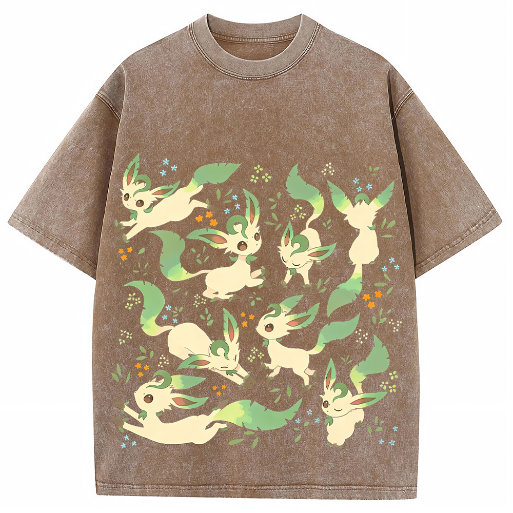 Leafeon Multiple Poses Floral Cartoon Tee | Pokemon Anime