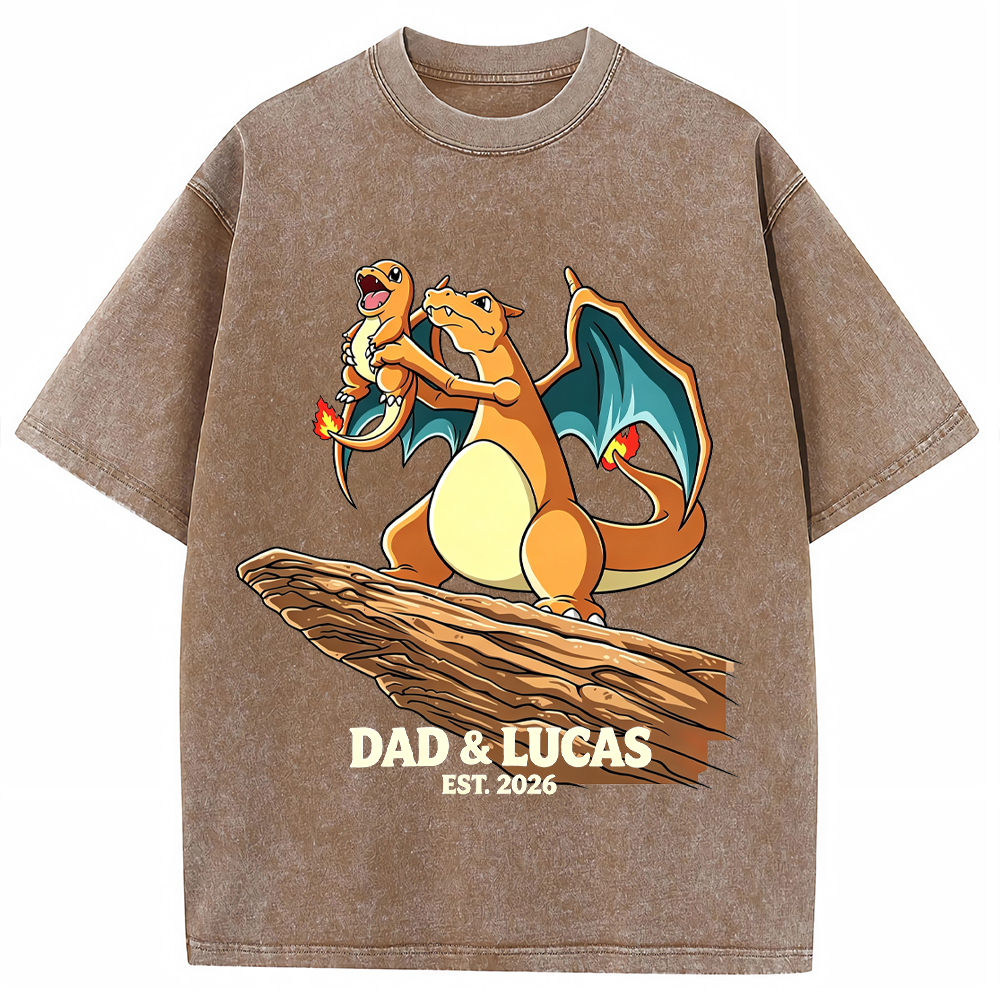 Parent & Kid Hold Up Charmander Family Art Vintage Washed T-Shirt