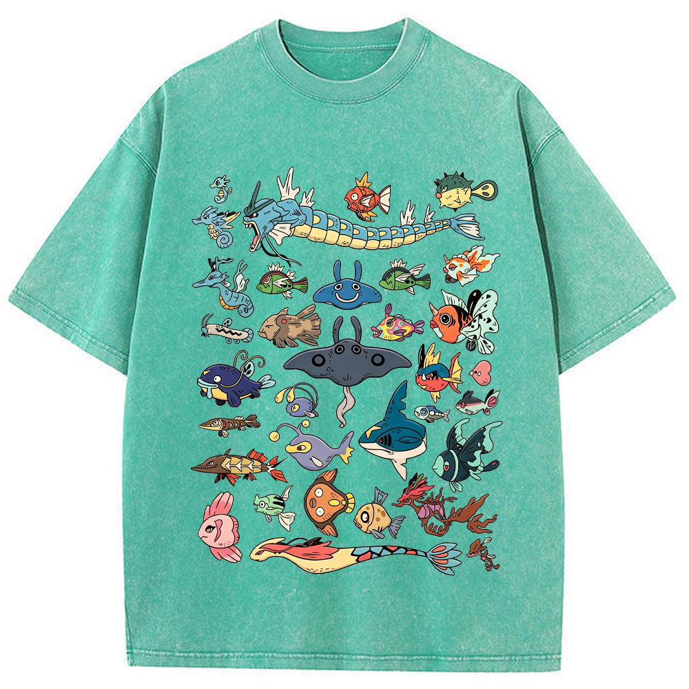 Fish Water Pokemon Retro Collage Vintage Washed T-Shirt | Pokemon Anime