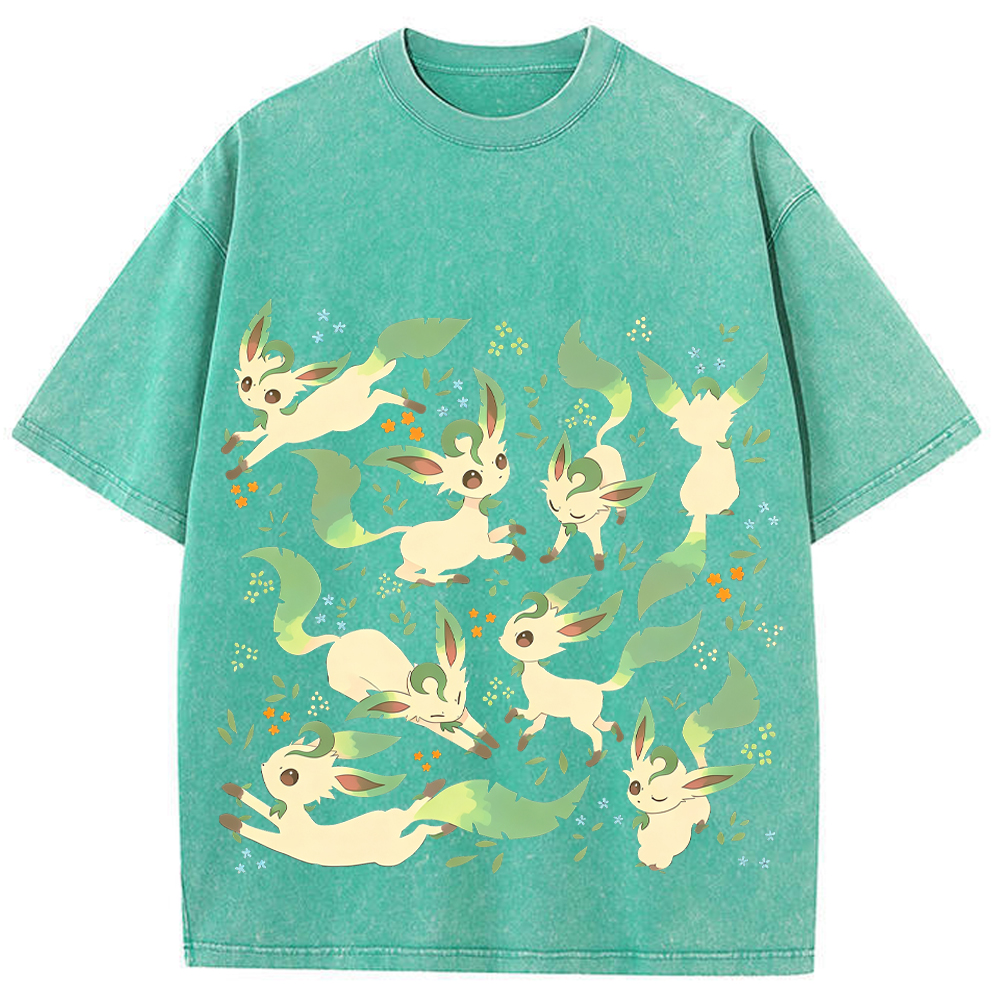 Leafeon Multiple Poses Floral Cartoon Tee | Pokemon Anime