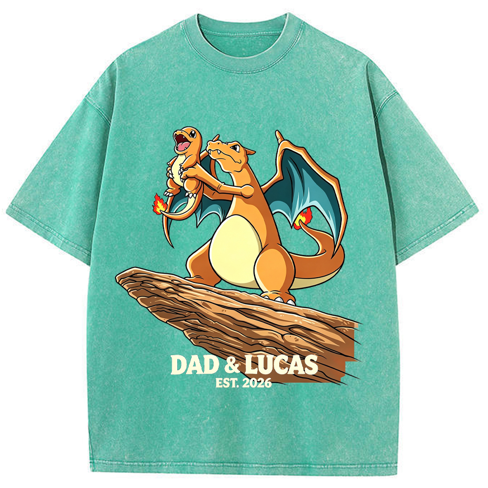 Parent & Kid Hold Up Charmander Family Art Vintage Washed T-Shirt
