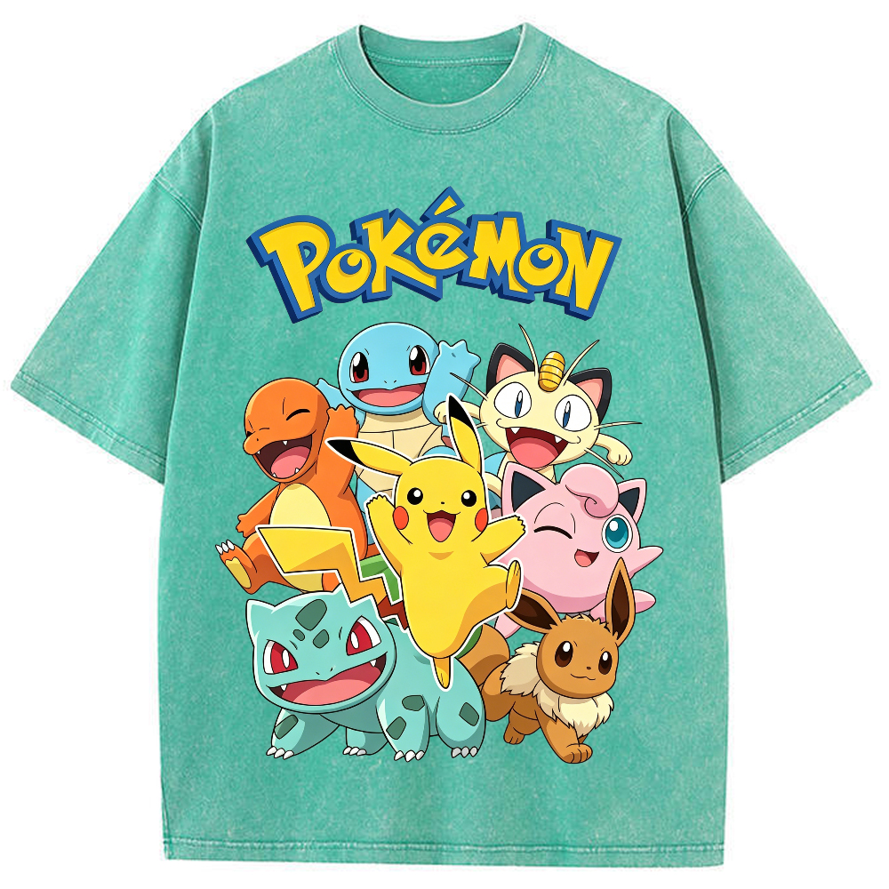 Vintage Washed Black Pokemon Group Graphic Tee | Retro Anime Oversized T-Shirt