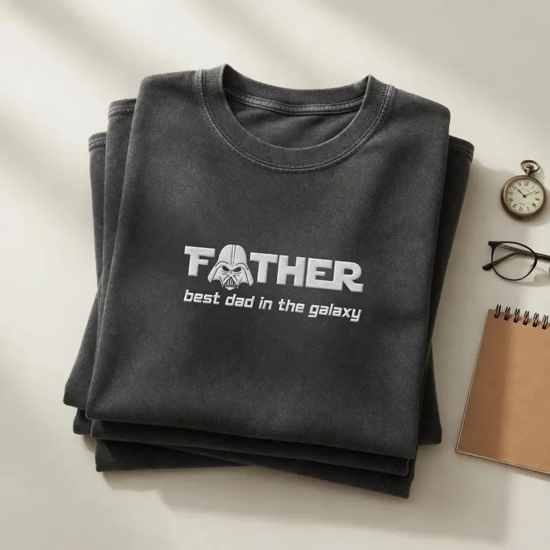 Space Dad Embroidered Washed T-Shirt, Best Dad in the Galaxy Tee