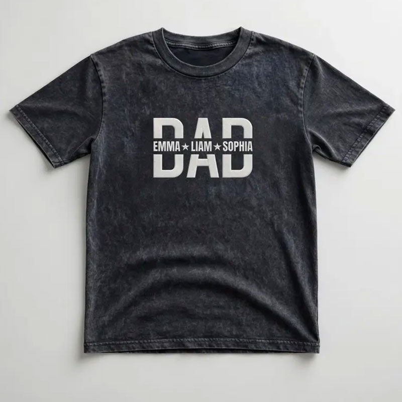 Custom Embroidered Dad Washed T-Shirt With Kids Names