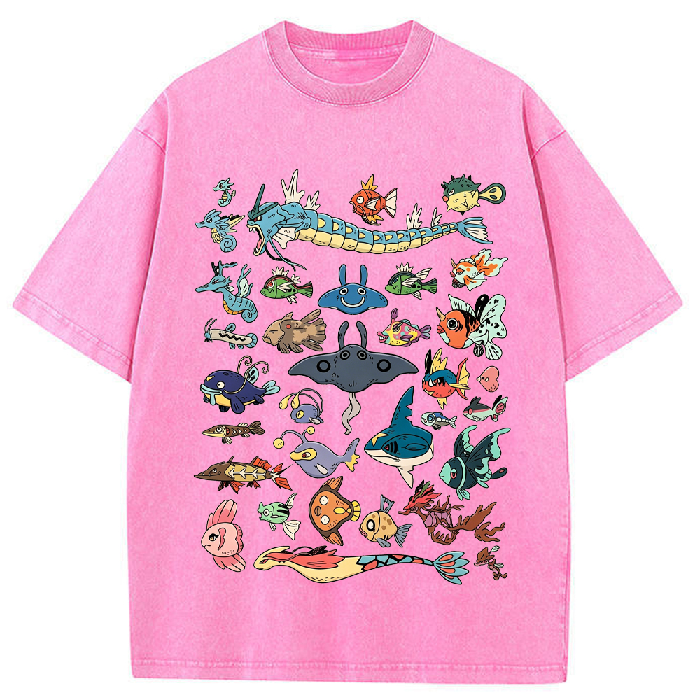 Fish Water Pokemon Retro Collage Vintage Washed T-Shirt | Pokemon Anime