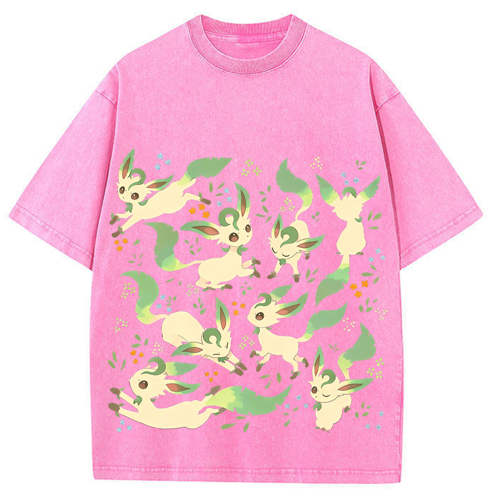 Leafeon Multiple Poses Floral Cartoon Tee | Pokemon Anime