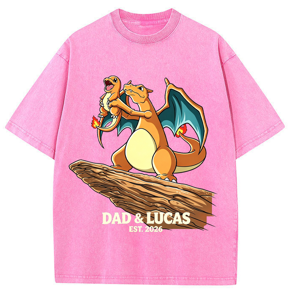 Parent & Kid Hold Up Charmander Family Art Vintage Washed T-Shirt