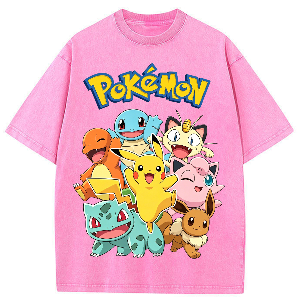 Vintage Washed Black Pokemon Group Graphic Tee | Retro Anime Oversized T-Shirt