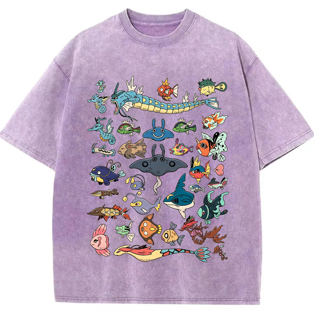 Fish Water Pokemon Retro Collage Vintage Washed T-Shirt | Pokemon Anime