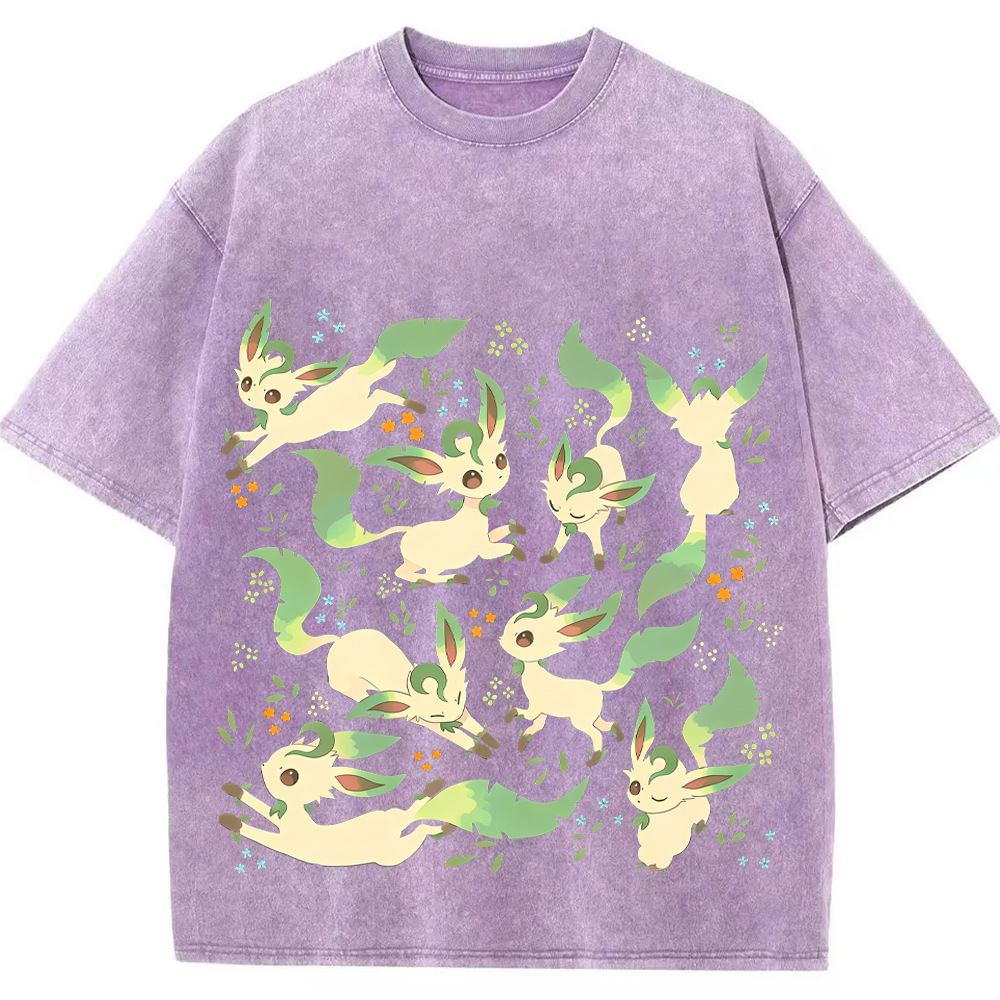 Leafeon Multiple Poses Floral Cartoon Tee | Pokemon Anime