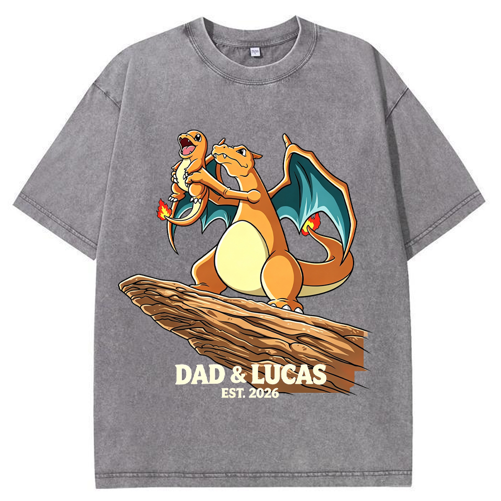 Parent & Kid Hold Up Charmander Family Art Vintage Washed T-Shirt