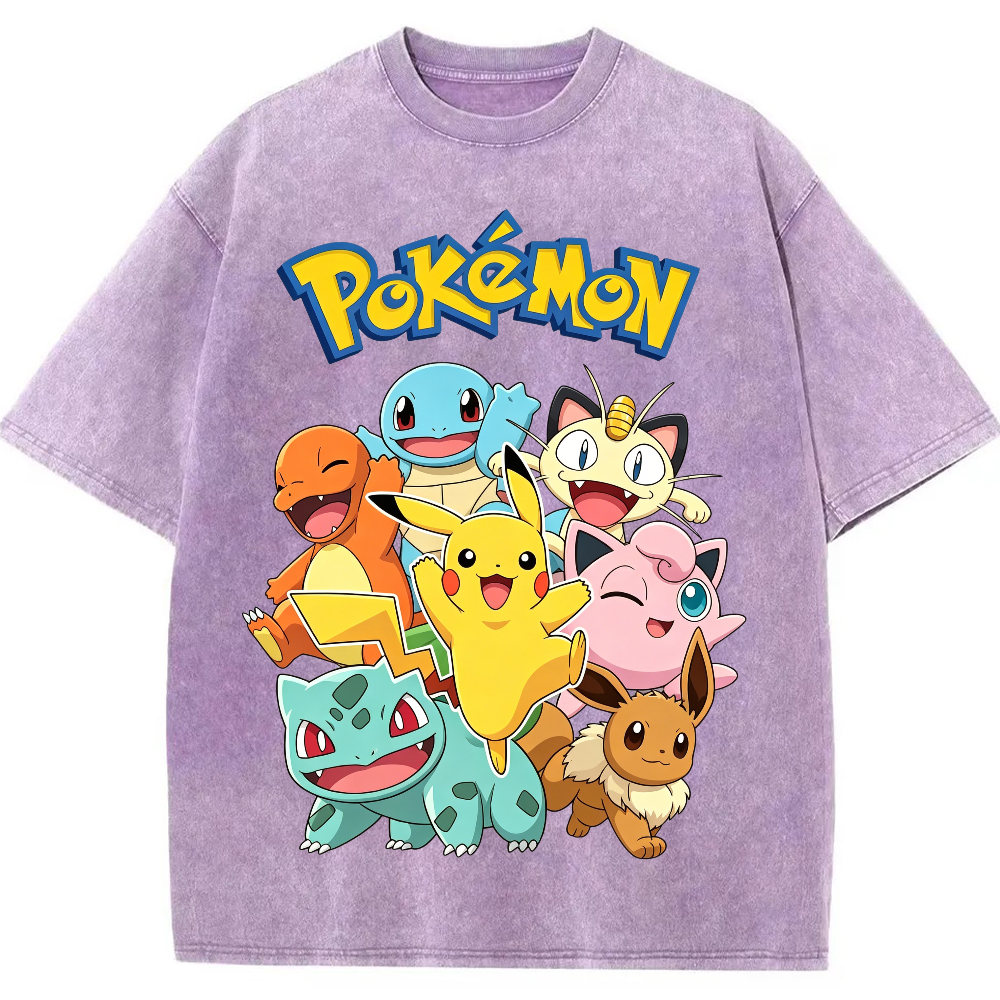 Vintage Washed Black Pokemon Group Graphic Tee | Retro Anime Oversized T-Shirt
