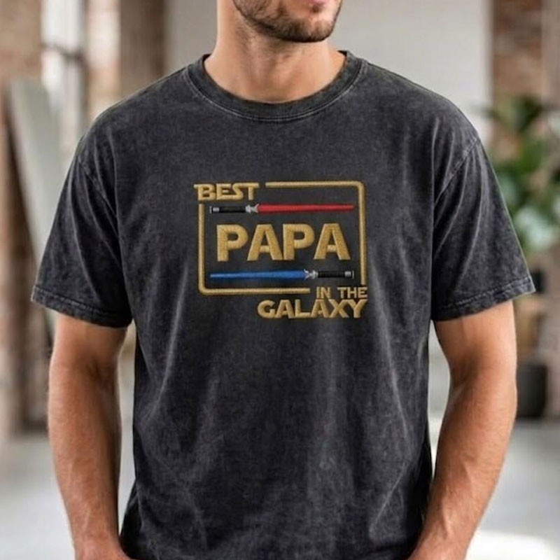 Embroidered Washed Cotton T-Shirt, Papa in Galaxy, Father's Day Gift