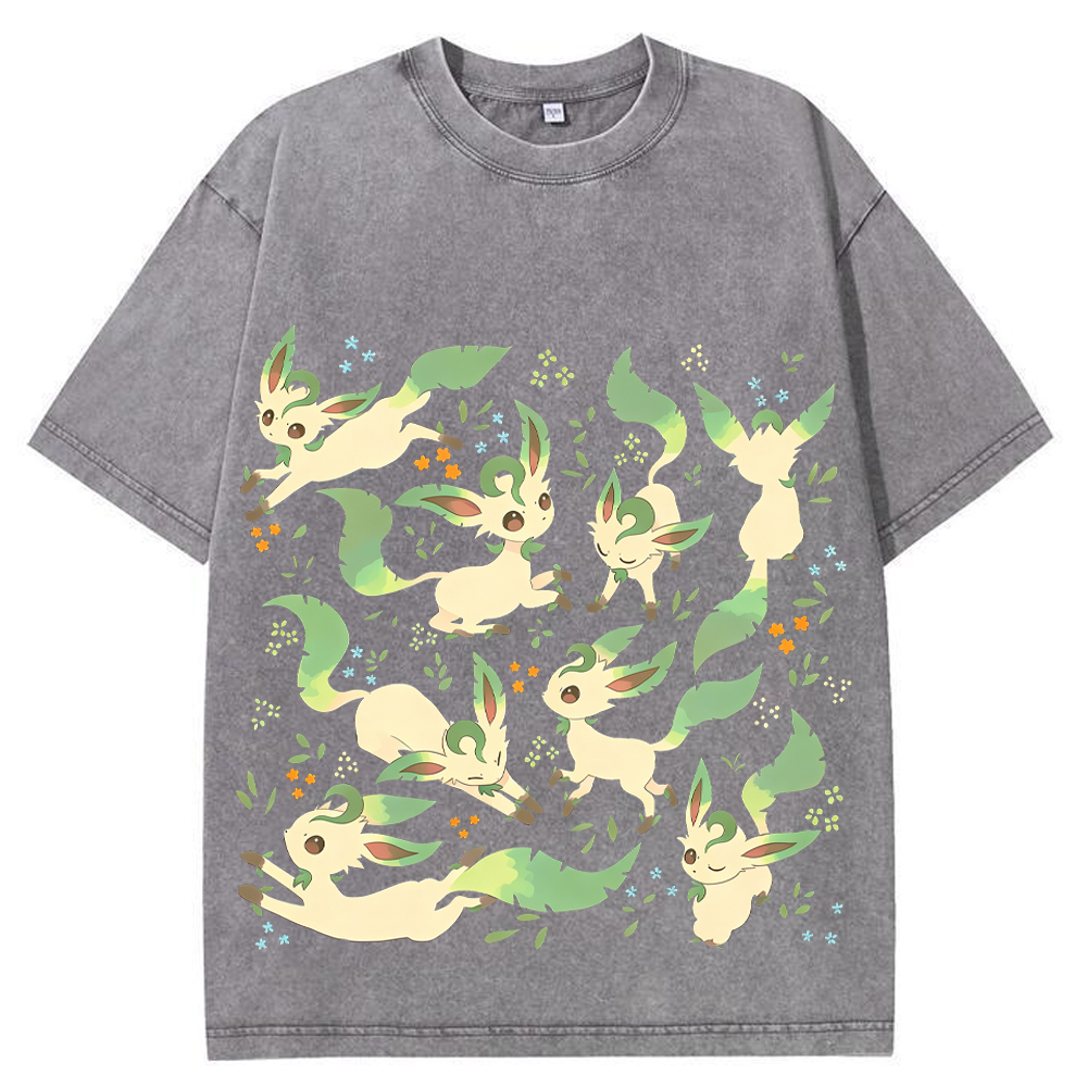 Leafeon Multiple Poses Floral Cartoon Tee | Pokemon Anime