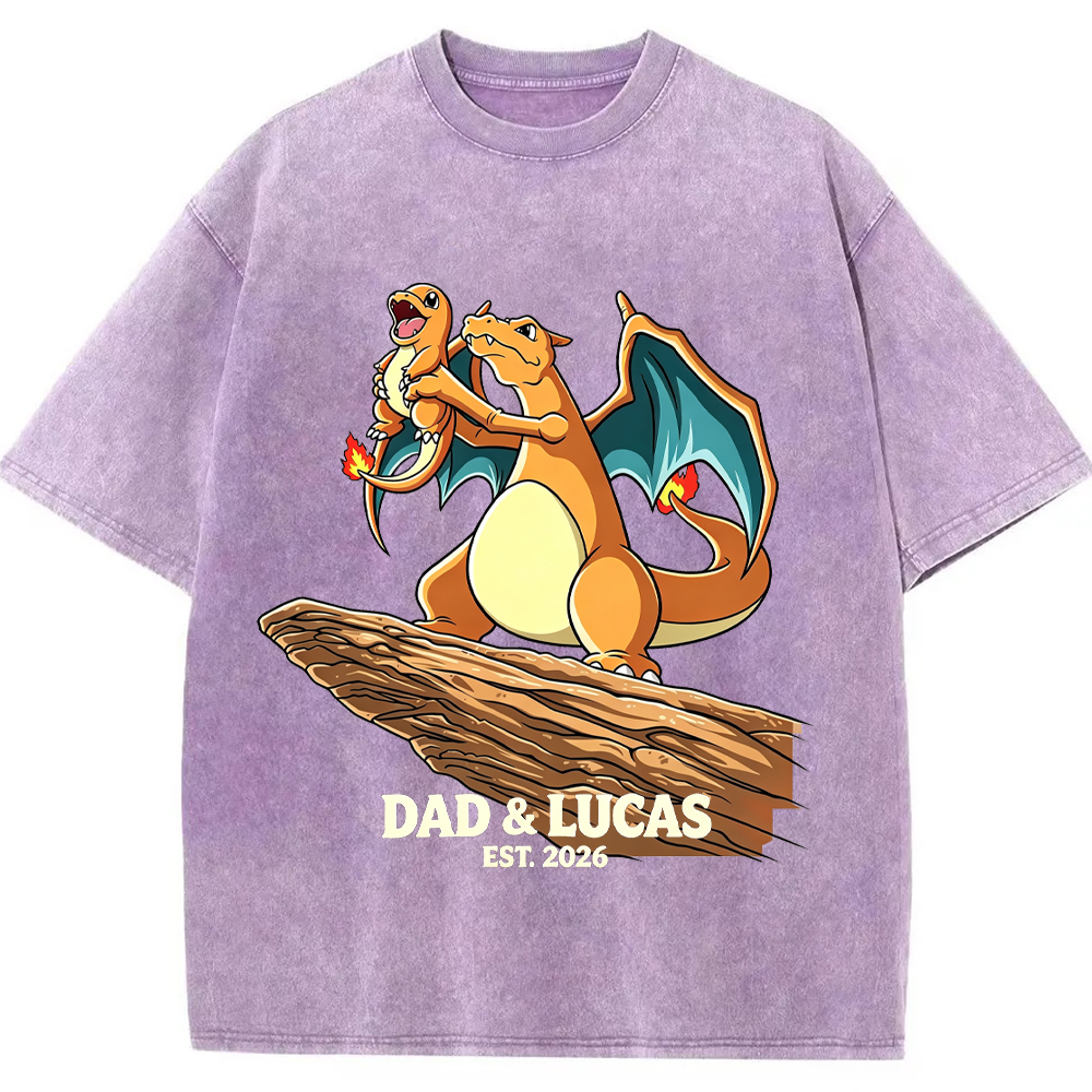 Parent & Kid Hold Up Charmander Family Art Vintage Washed T-Shirt