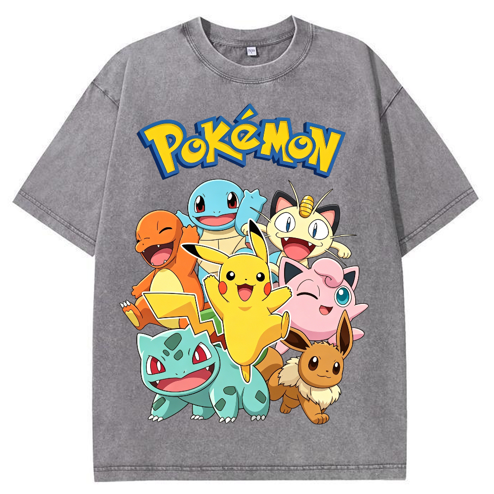 Vintage Washed Black Pokemon Group Graphic Tee | Retro Anime Oversized T-Shirt