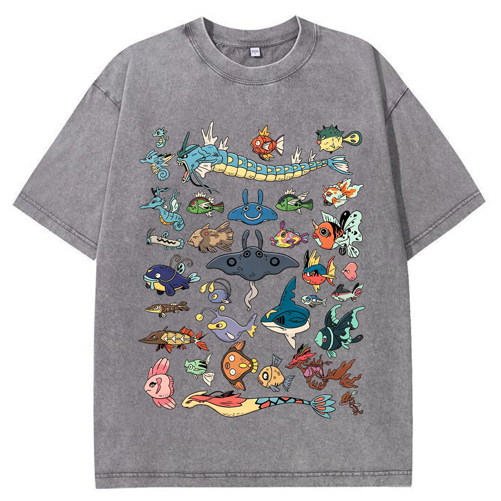 Fish Water Pokemon Retro Collage Vintage Washed T-Shirt | Pokemon Anime