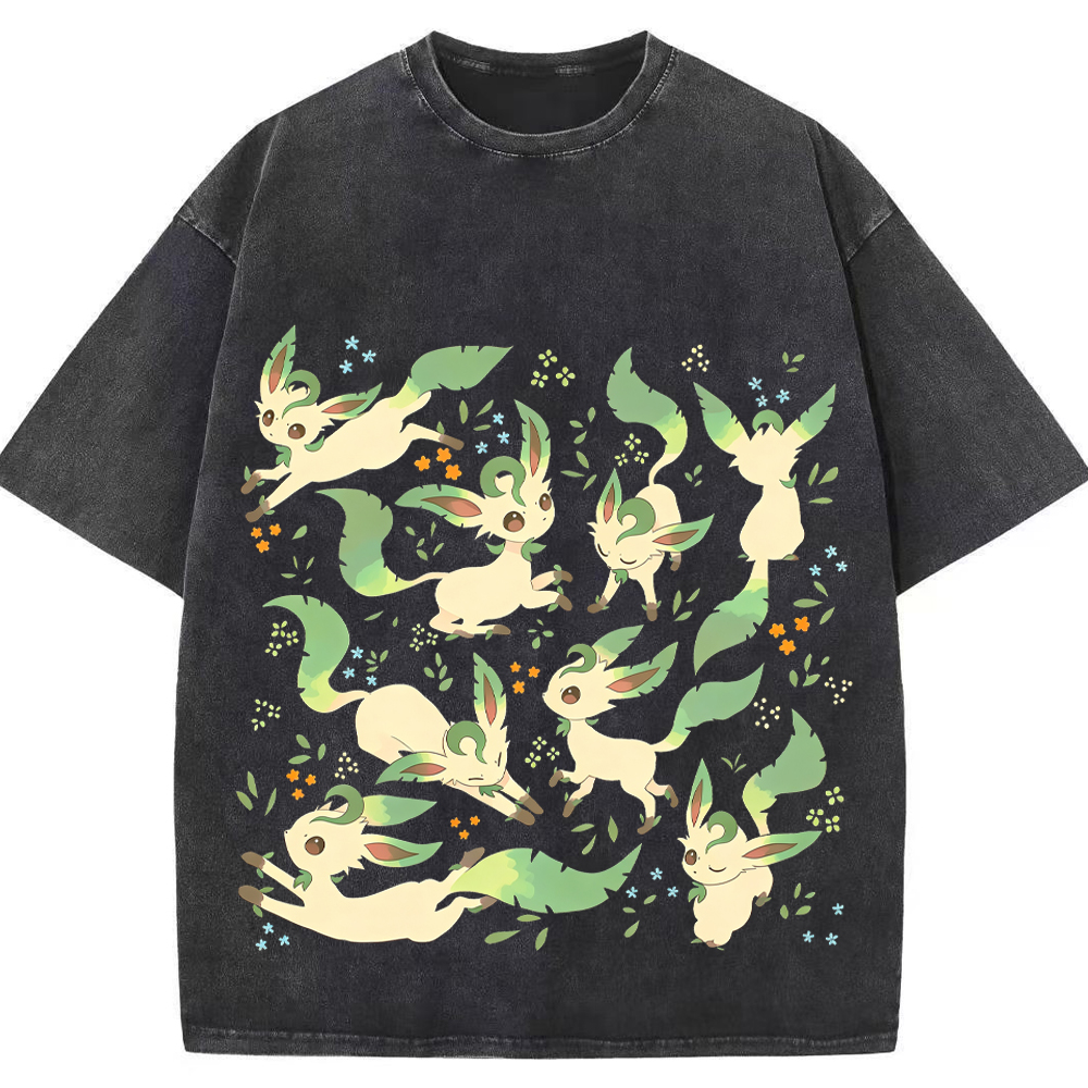 Leafeon Multiple Poses Floral Cartoon Tee | Pokemon Anime