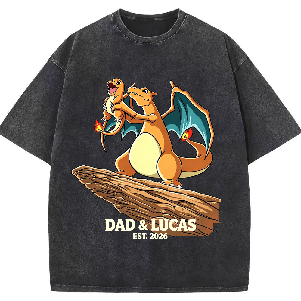 Parent & Kid Hold Up Charmander Family Art Vintage Washed T-Shirt