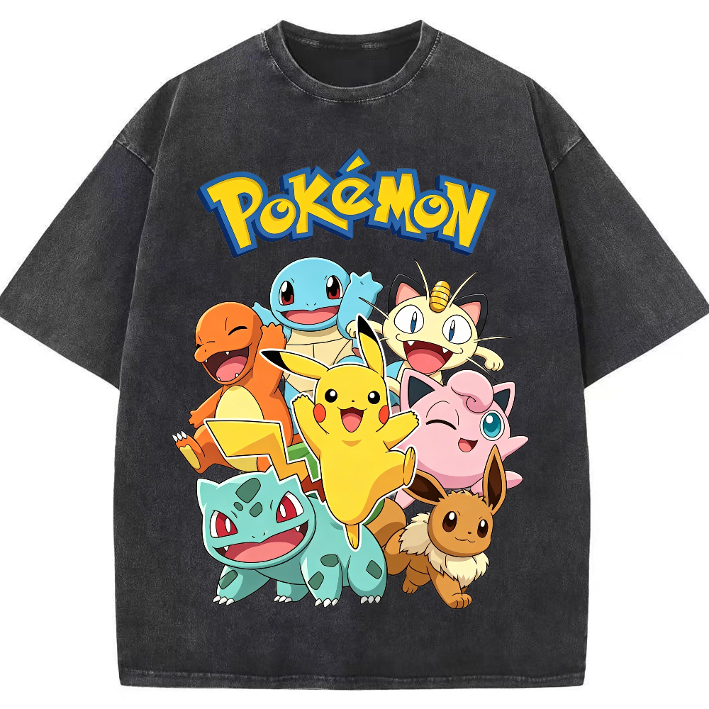 Vintage Washed Black Pokemon Group Graphic Tee | Retro Anime Oversized T-Shirt