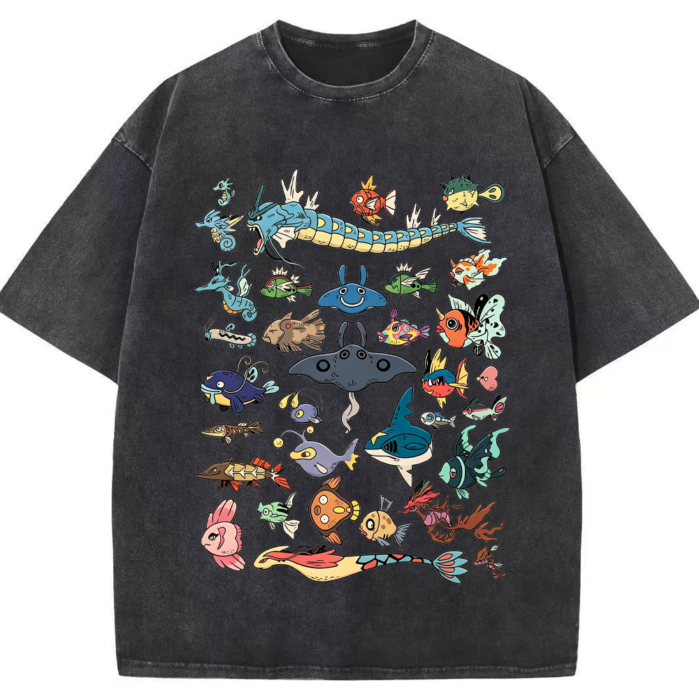 Fish Water Pokemon Retro Collage Vintage Washed T-Shirt | Pokemon Anime