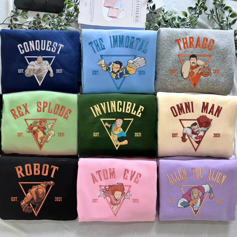 Invincble Characters Comic Embroidered Sweatshirt, Studio Hero Movie Shirt